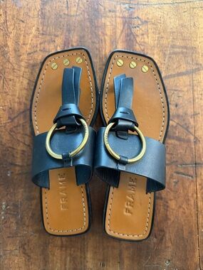 Frame Black Leather Slide Sandals with Gold Ring Detail Size 35 1/2